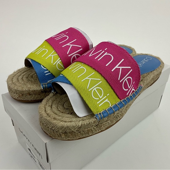 Calvin Klein Womens TASHA Espadrille Logo Slide Sandals Multicolor - Picture 1 of 7